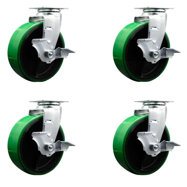 Service Caster 6 Inch Green Poly on Cast Iron Swivel Caster Set with Ball Bearings and Brakes SCC-20S620-PUB-GB-TLB-4